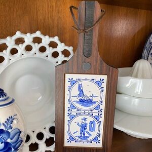 Vintage Wooden Cutting Cheese Board, Trivet with Blue and White Tile